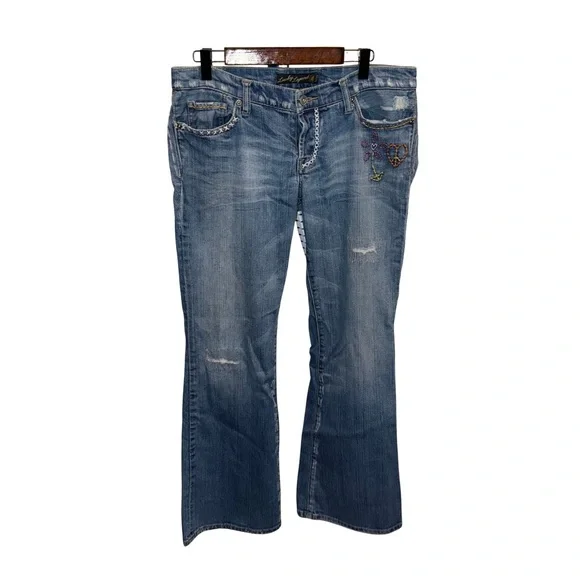 Lucky Brand Lil Maggie Peace Embroidered Flare Low Rise Jeans Size 12 31 - Picture 2 of 10